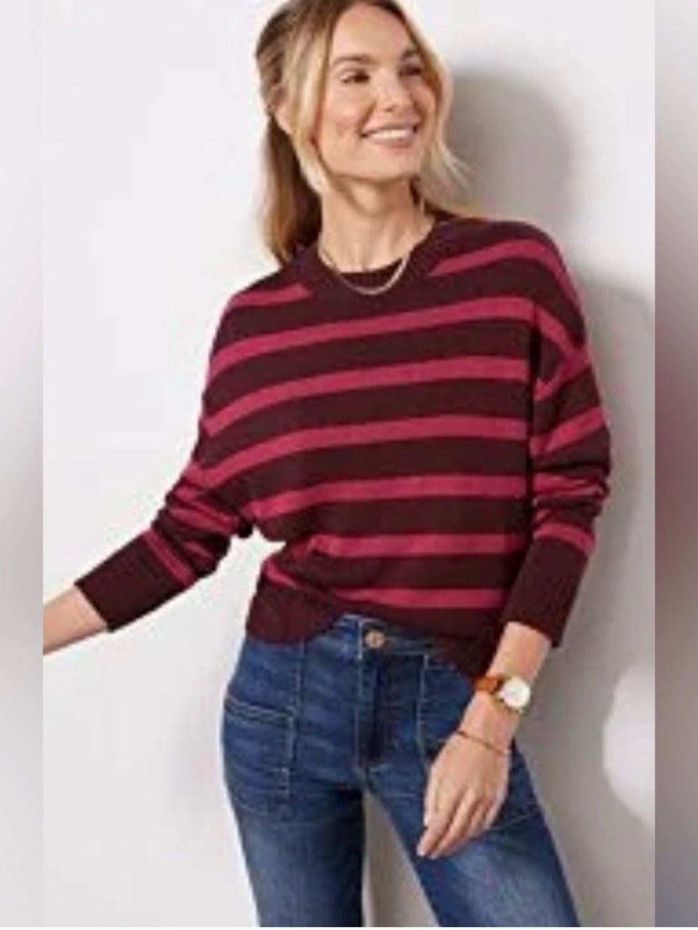 LIKE NEW Evereve Striped Crewneck Sweater Pink & Dark Plum